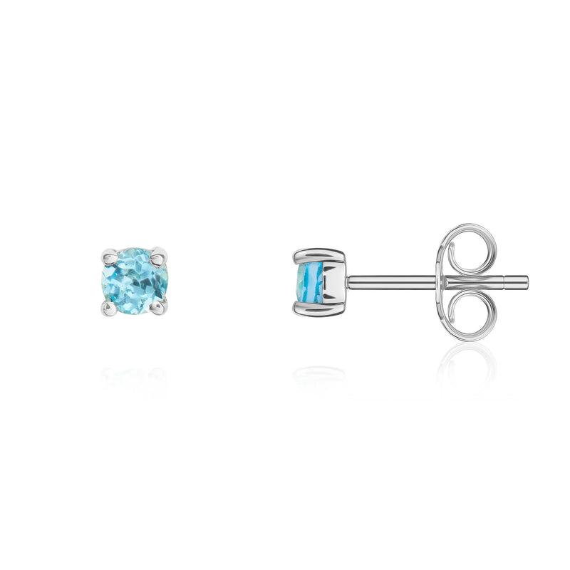 9ct White Gold Swiss Blue Topaz 3mm Round 4-Claw Stud Earrings