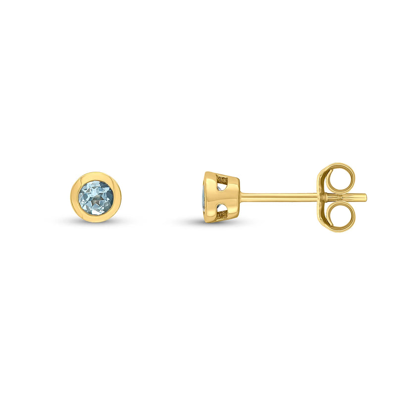 9ct Yellow Gold Aquamarine 3mm Round Rubover Stud Earrings