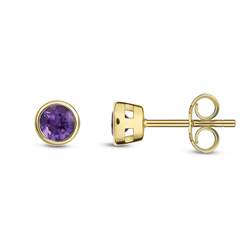 9ct Yellow Gold Amethyst 3mm Round Rubover Stud Earrings