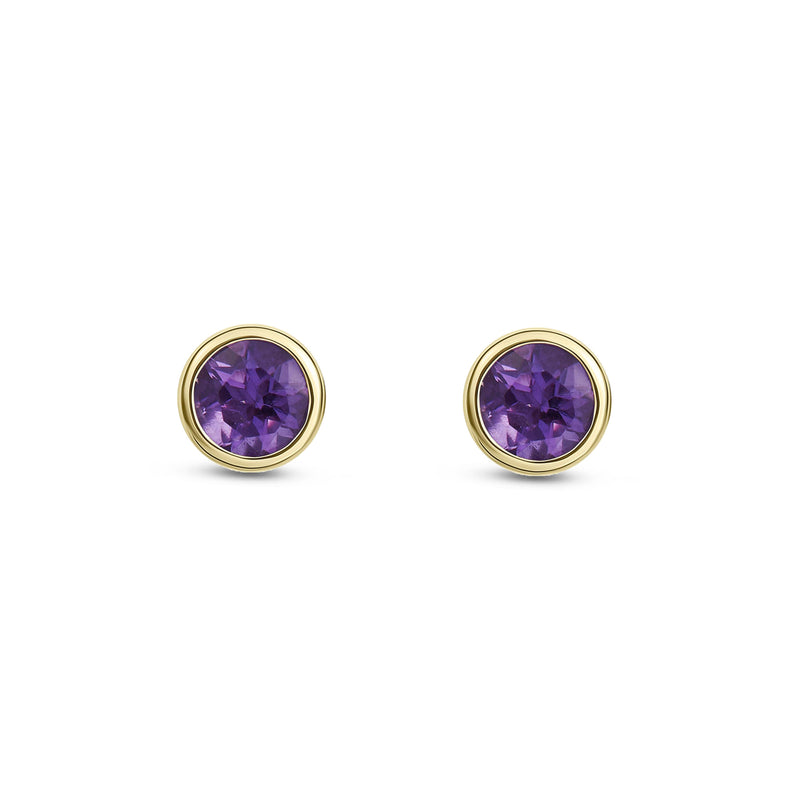 9ct Yellow Gold Amethyst 3mm Round Rubover Stud Earrings