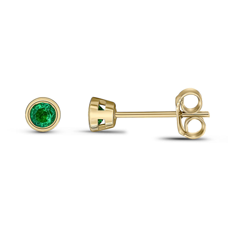 9ct Yellow Gold Emerald 3mm Round Rubover Stud Earrings