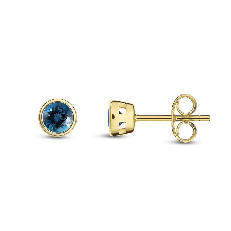 9ct Yellow Gold London Blue Topaz 3mm Round Rubover Stud Earrings