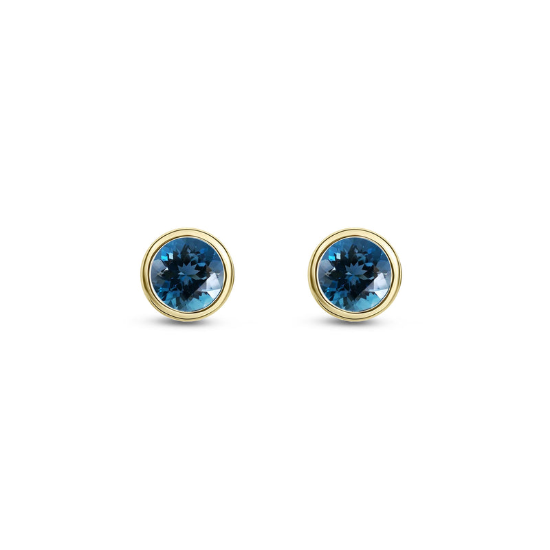 9ct Yellow Gold London Blue Topaz 3mm Round Rubover Stud Earrings