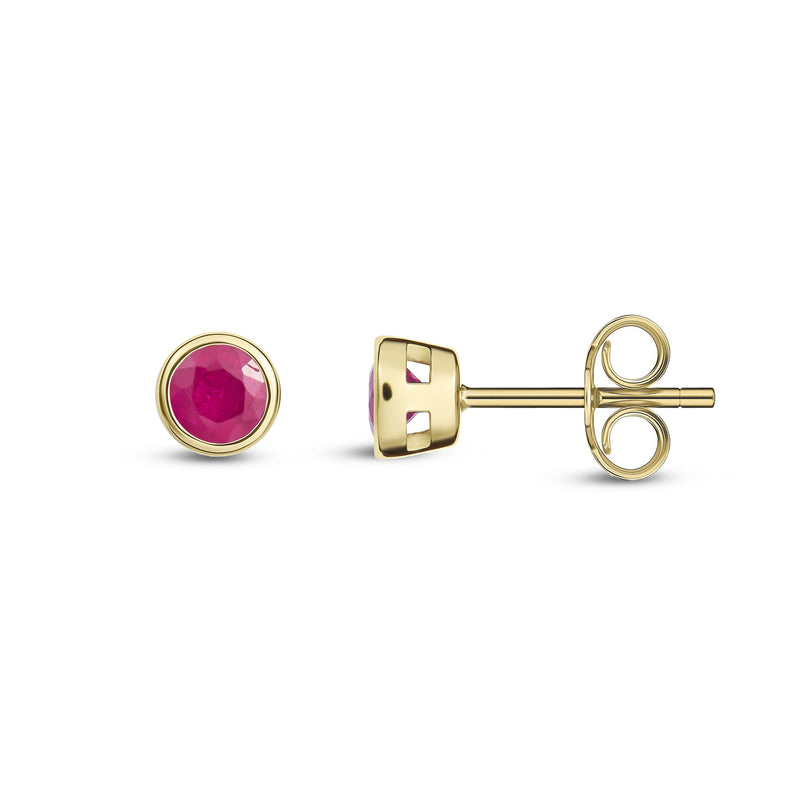 9ct Yellow Gold Ruby 3mm Round Rubover Stud Earrings