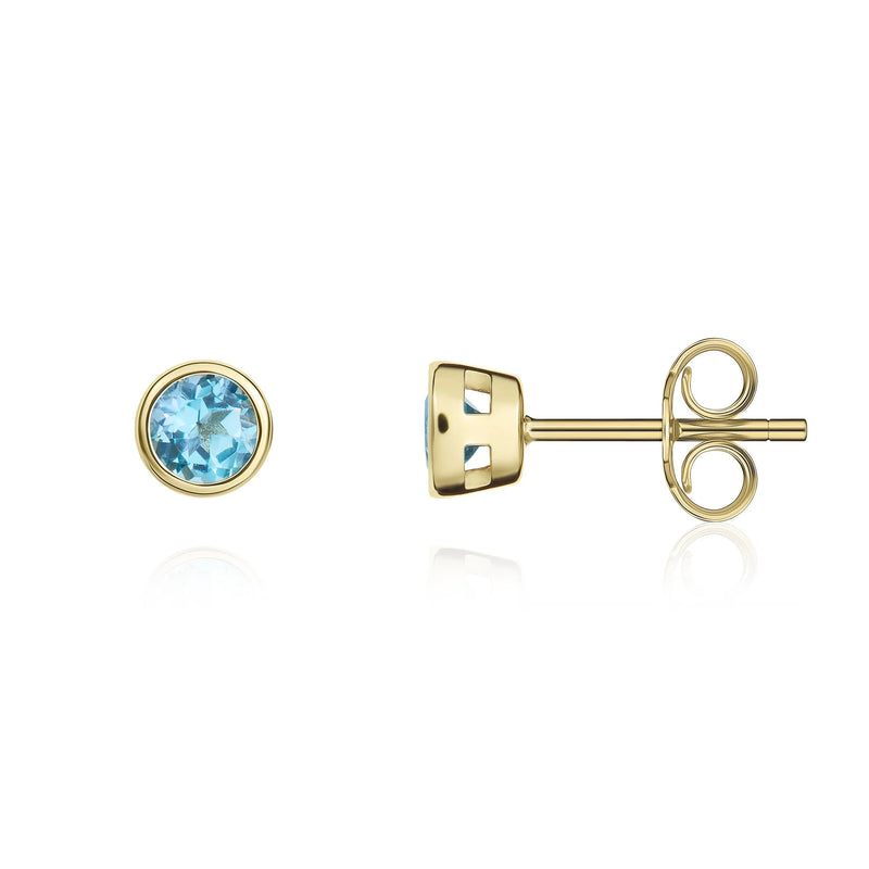 9ct Yellow Gold Swiss Blue Topaz 3mm Round Rubover Stud Earrings