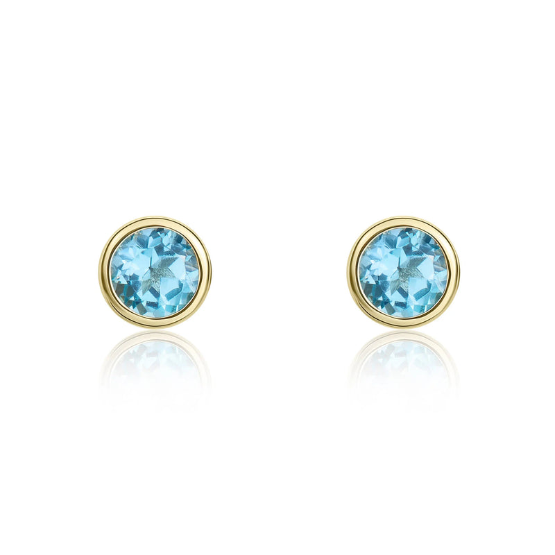 9ct Yellow Gold Swiss Blue Topaz 3mm Round Rubover Stud Earrings