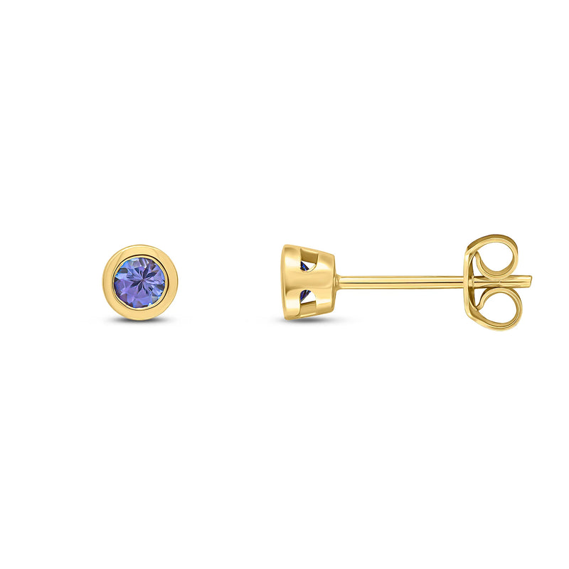 9ct Yellow Gold Tanzanite 3mm Round Rubover Stud Earrings