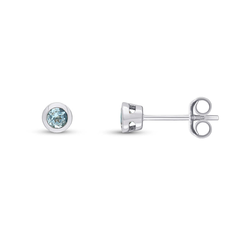 9ct White Gold Aquamarine 3mm Round Rubover Stud Earrings