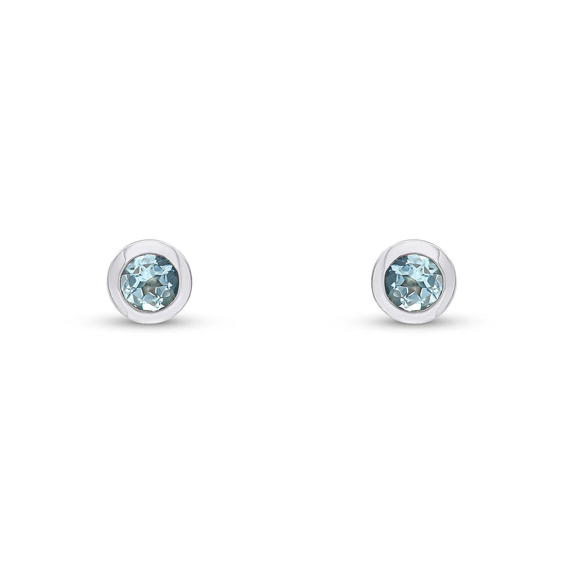 9ct White Gold Aquamarine 3mm Round Rubover Stud Earrings