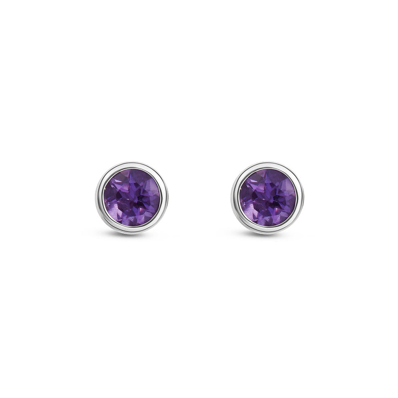 9ct White Gold Amethyst 3mm Round Rubover Stud Earrings