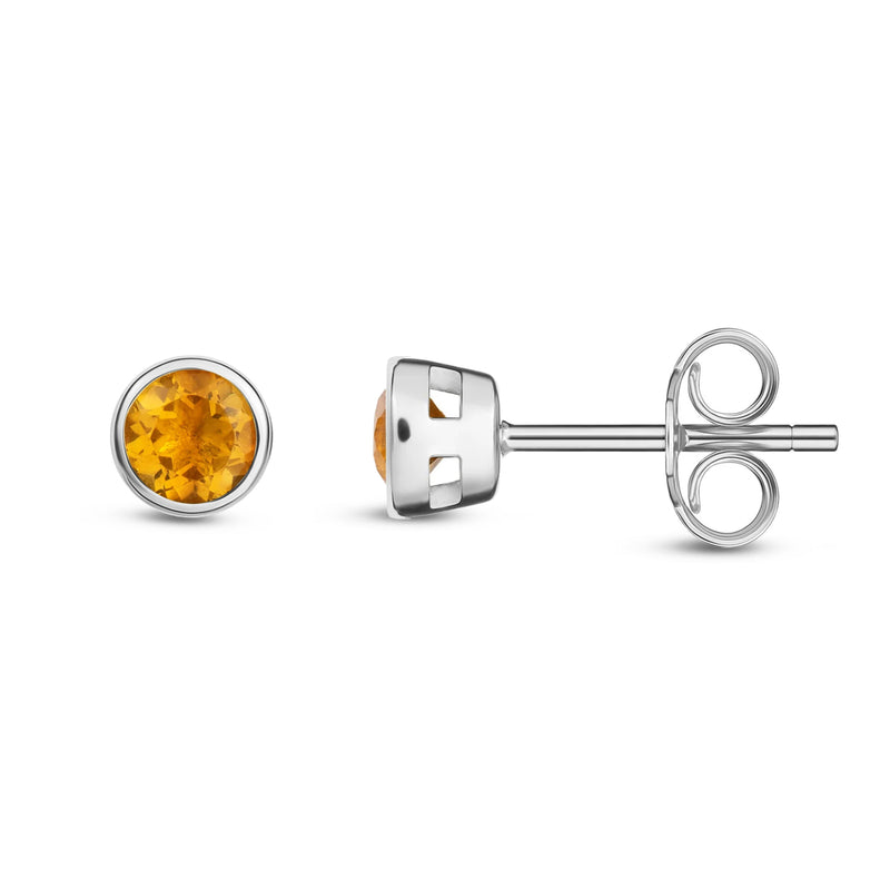 9ct White Gold Citrine 3mm Round Rubover Stud Earrings