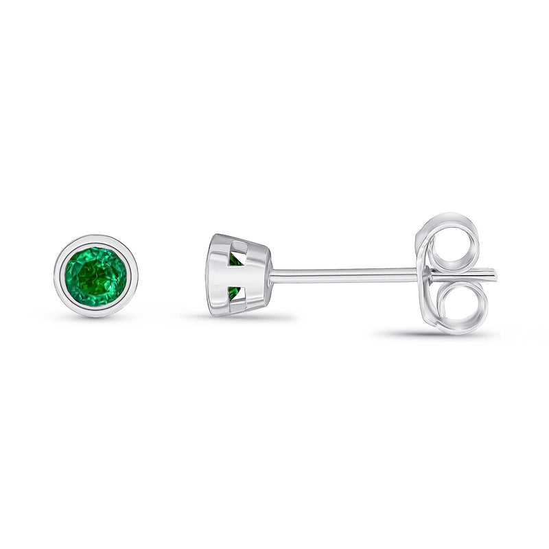 9ct White Gold Emerald 3mm Round Rubover Stud Earrings