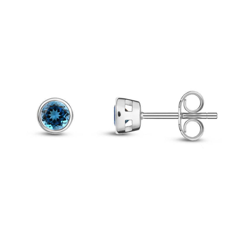 9ct White Gold London Blue Topaz 3mm Round Rubover Stud Earrings