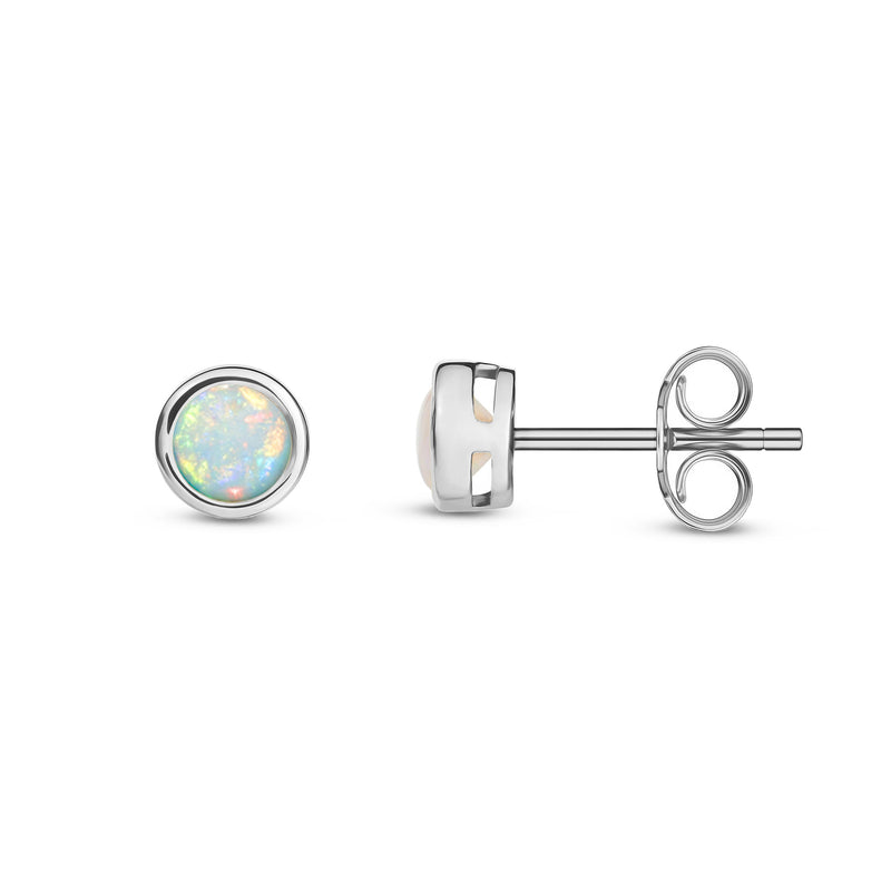 9ct White Gold Opal 3mm Round Rubover Stud Earrings