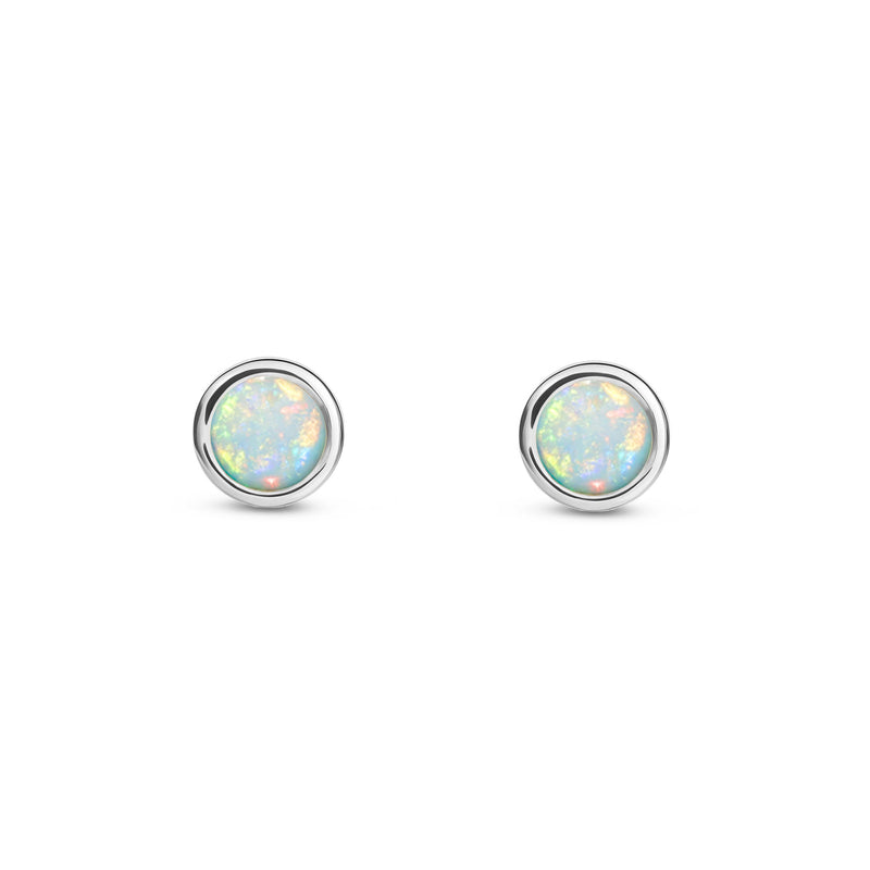 9ct White Gold Opal 3mm Round Rubover Stud Earrings