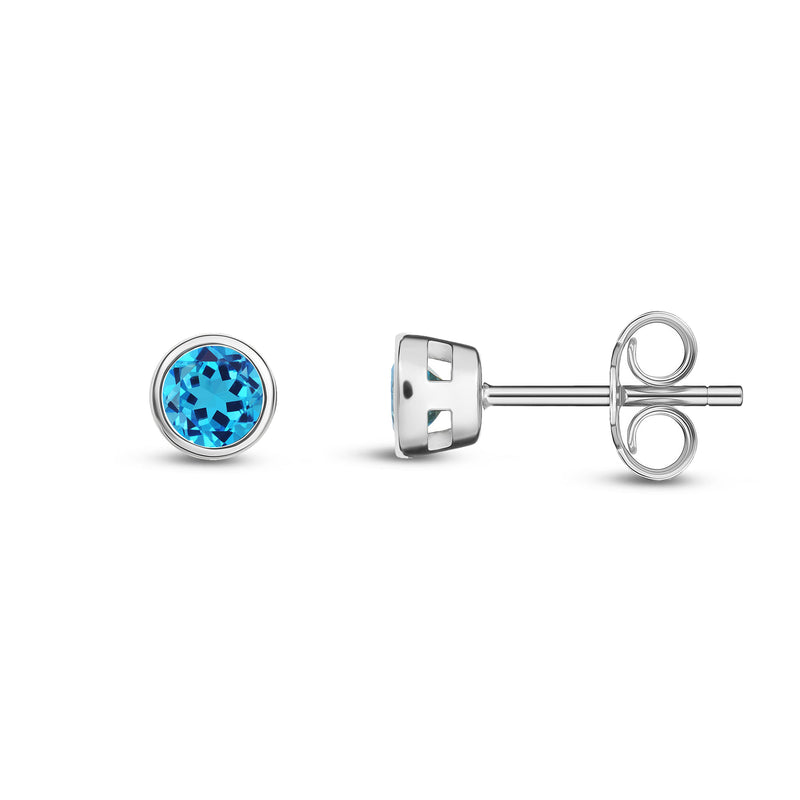 9ct White Gold Swiss Blue Topaz 3mm Round Rubover Stud Earrings