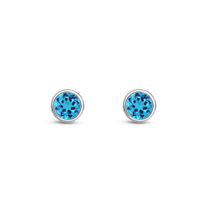 9ct White Gold Swiss Blue Topaz 3mm Round Rubover Stud Earrings