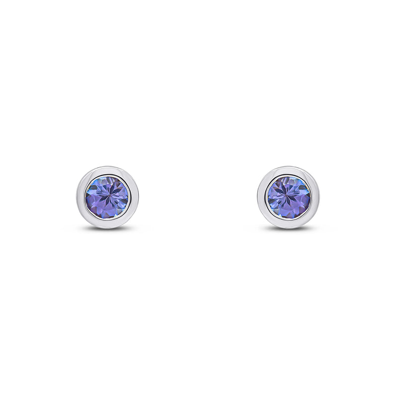 9ct White Gold Tanzanite 3mm Round Rubover Stud Earrings