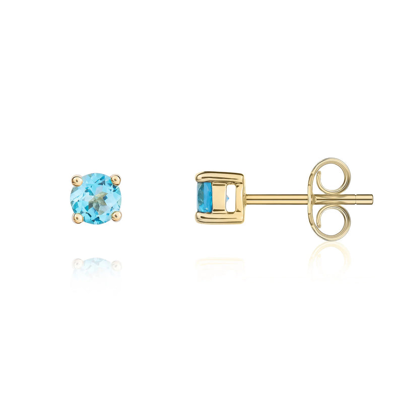 9ct Yellow Gold Swiss Blue Topaz 4mm Round 4-Claw Stud Earrings