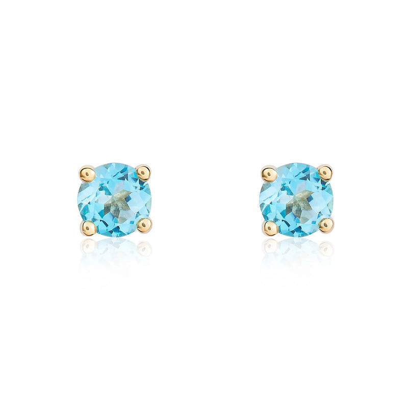 9ct Yellow Gold Swiss Blue Topaz 4mm Round 4-Claw Stud Earrings
