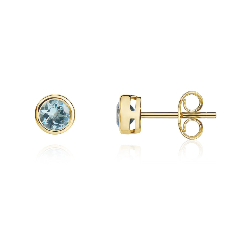 9ct Yellow Gold Aquamarine 4mm Round Rubover Stud Earrings
