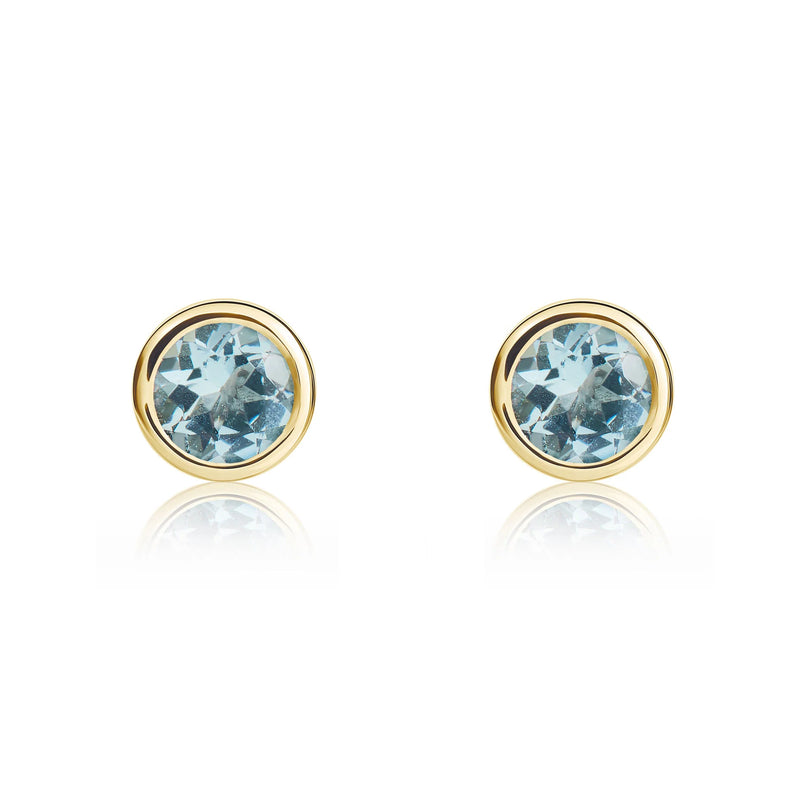 9ct Yellow Gold Aquamarine 4mm Round Rubover Stud Earrings