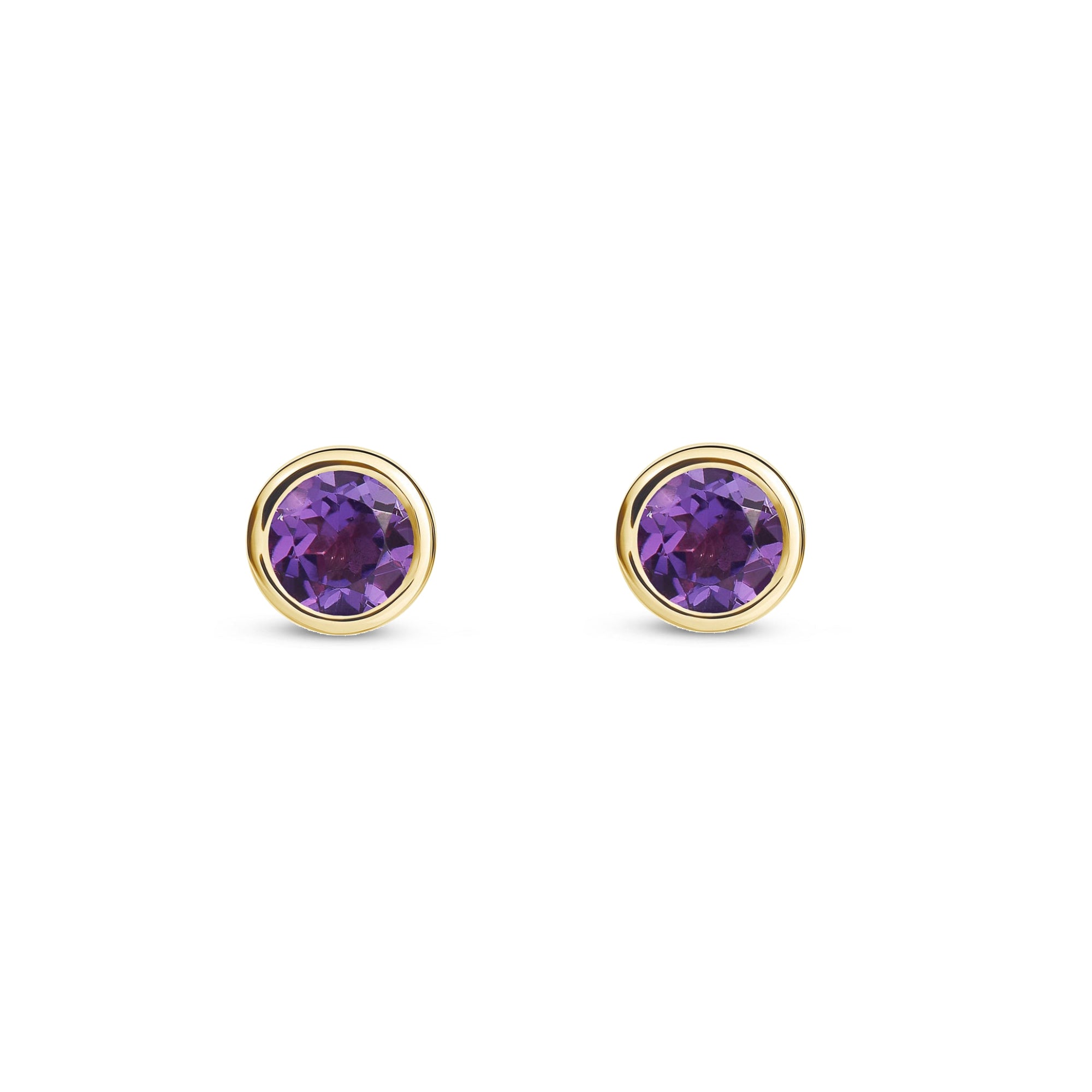 9ct Yellow Gold  Amethyst 4mm Rub Over Round Stud Earrings