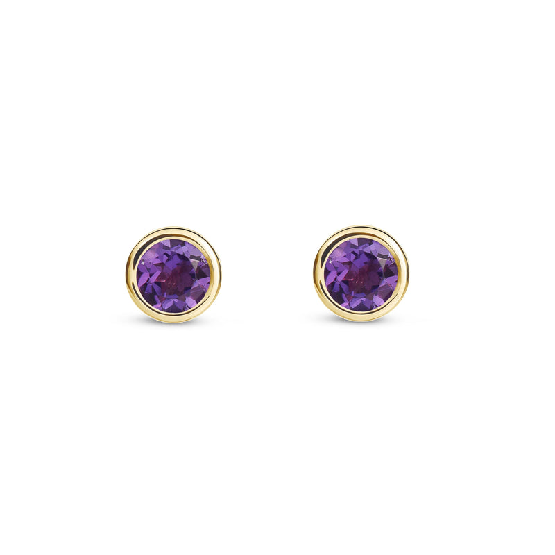 9ct Yellow Gold  Amethyst 4mm Rub Over Round Stud Earrings