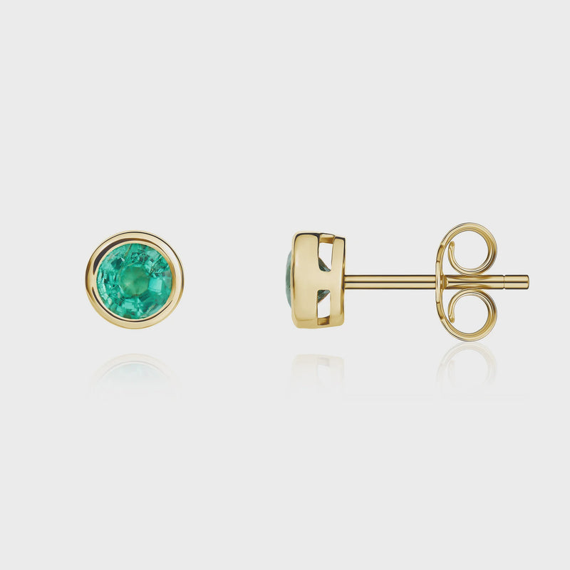 9ct Yellow Gold Emerald 4mm Round Rubover Stud Earrings