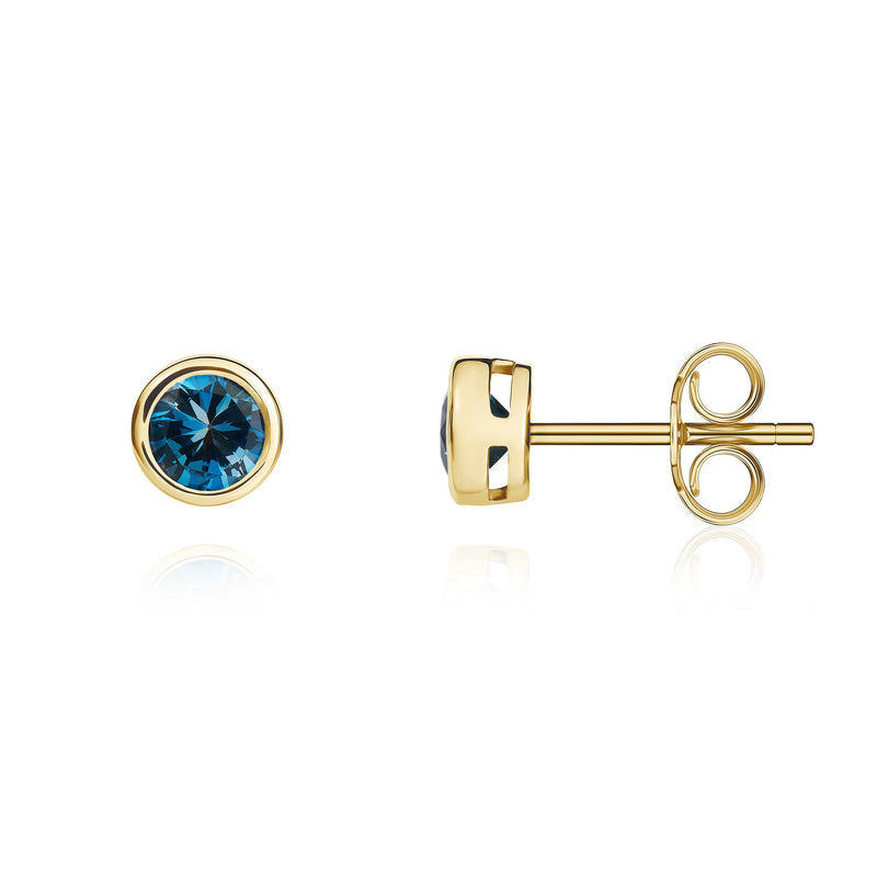 9ct Yellow Gold London Blue Topaz 4mm Round Rubover Stud Earrings