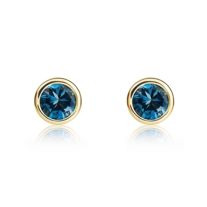 9ct Yellow Gold London Blue Topaz 4mm Round Rubover Stud Earrings