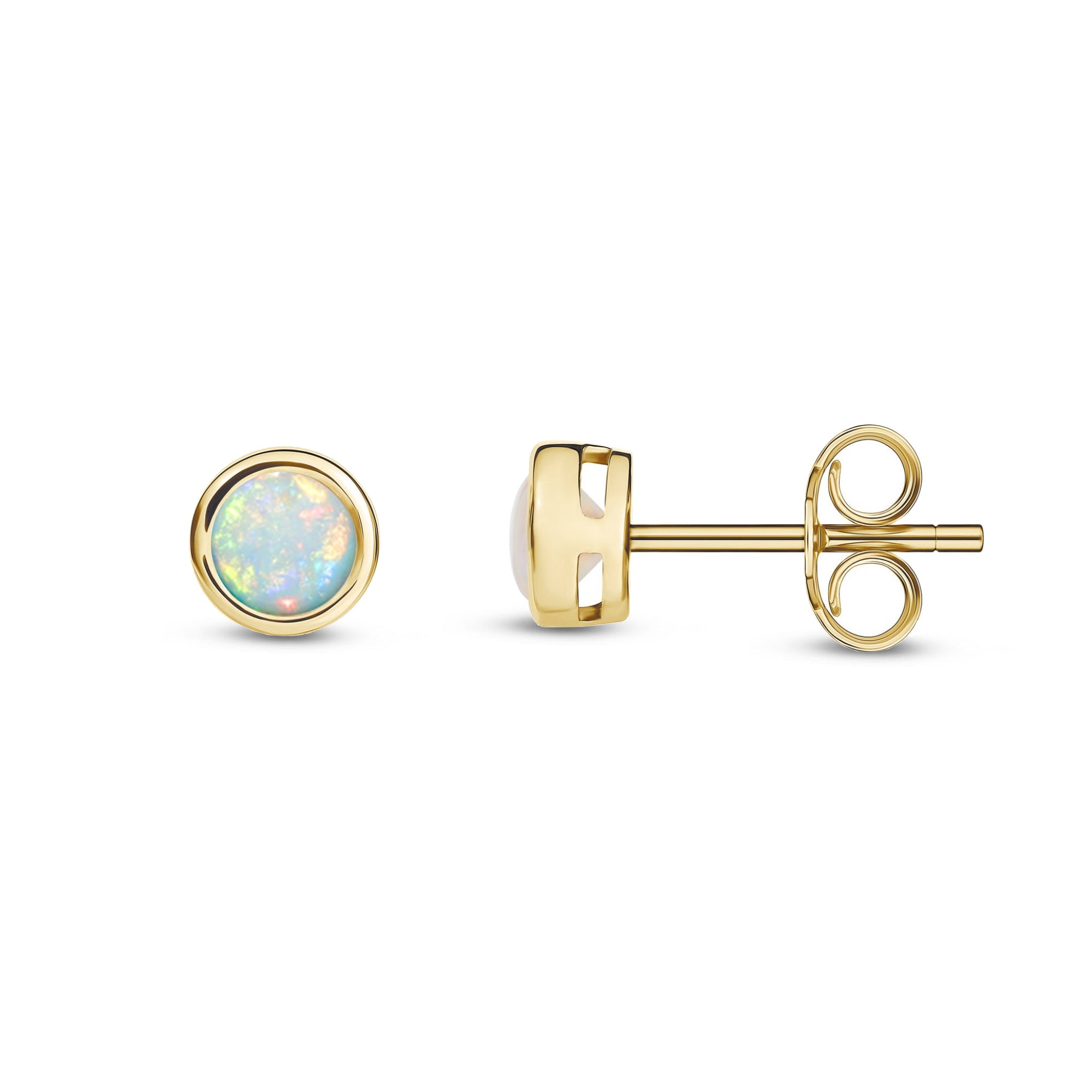 9ct Yellow Gold Opal 4mm Round Rubover Stud Earrings