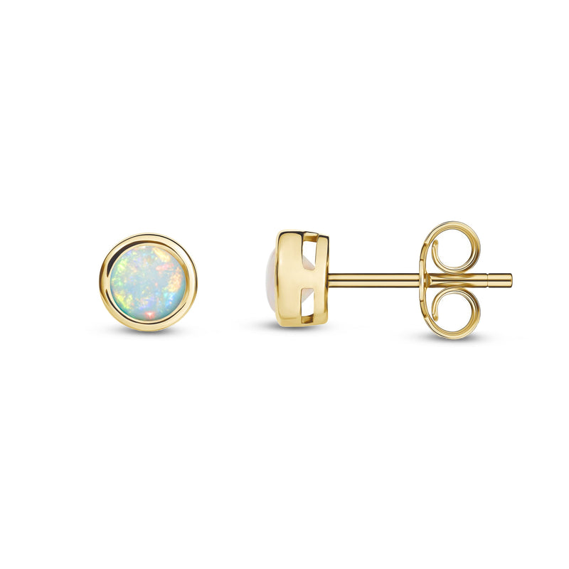 9ct Yellow Gold Opal 4mm Round Rubover Stud Earrings