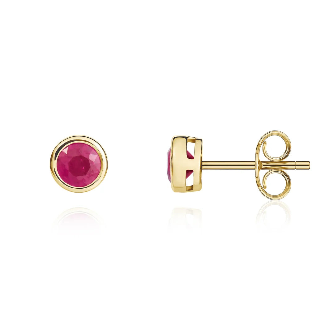 Front and side views of 9ct yellow gold ruby stud earrings showing the round ruby, polished rubover setting and butterfly fastening.