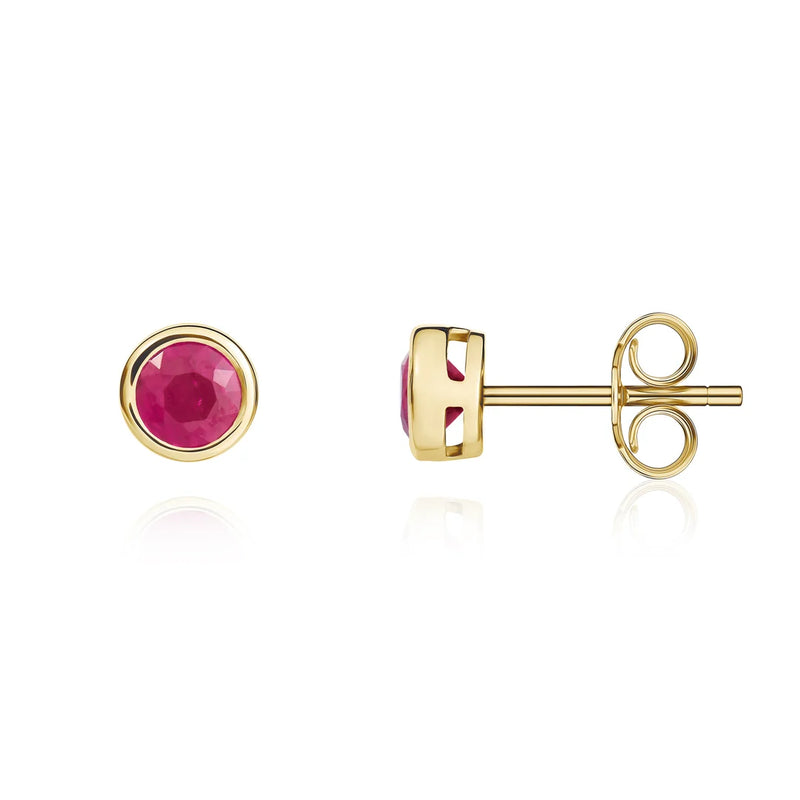 Front and side views of 9ct yellow gold ruby stud earrings showing the round ruby, polished rubover setting and butterfly fastening.