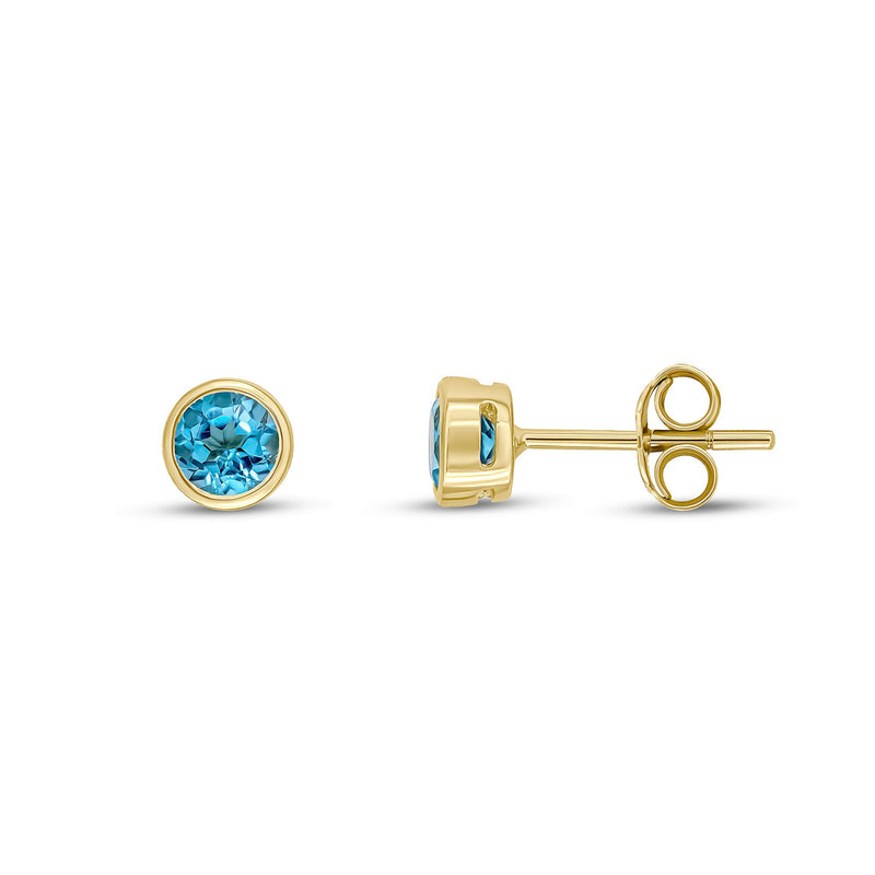 9ct Yellow Gold Swiss Blue Topaz 4mm Round Rubover Stud Earrings