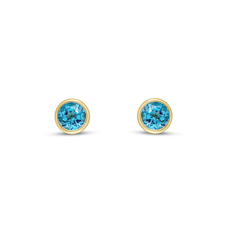9ct Yellow Gold Swiss Blue Topaz 4mm Round Rubover Stud Earrings