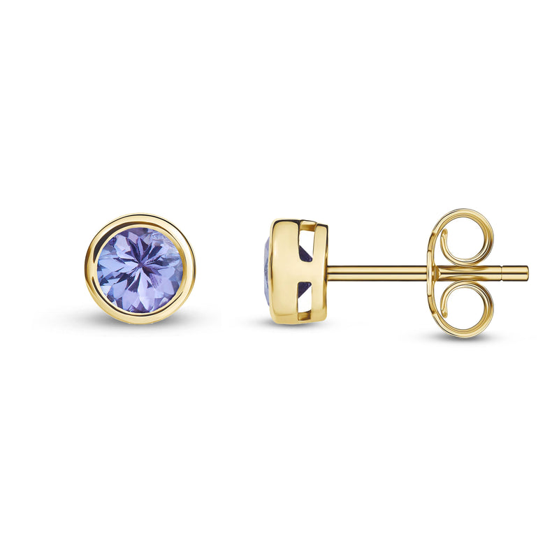 9ct Yellow Gold Tanzanite 4mm Round Rubover Stud Earrings