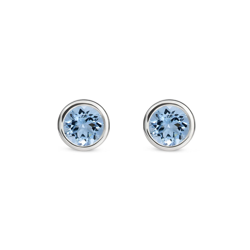 9ct White Gold Aquamarine 4mm Round Rubover Stud Earrings
