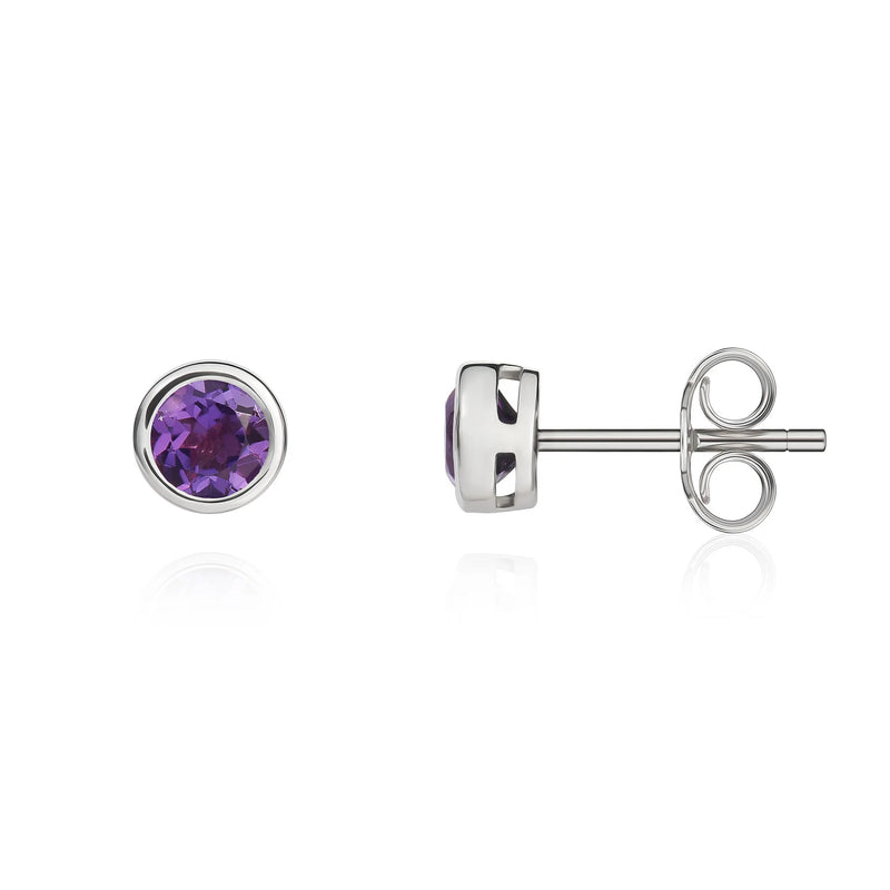 9ct White Gold Amethyst 4mm Round Rubover Stud Earrings