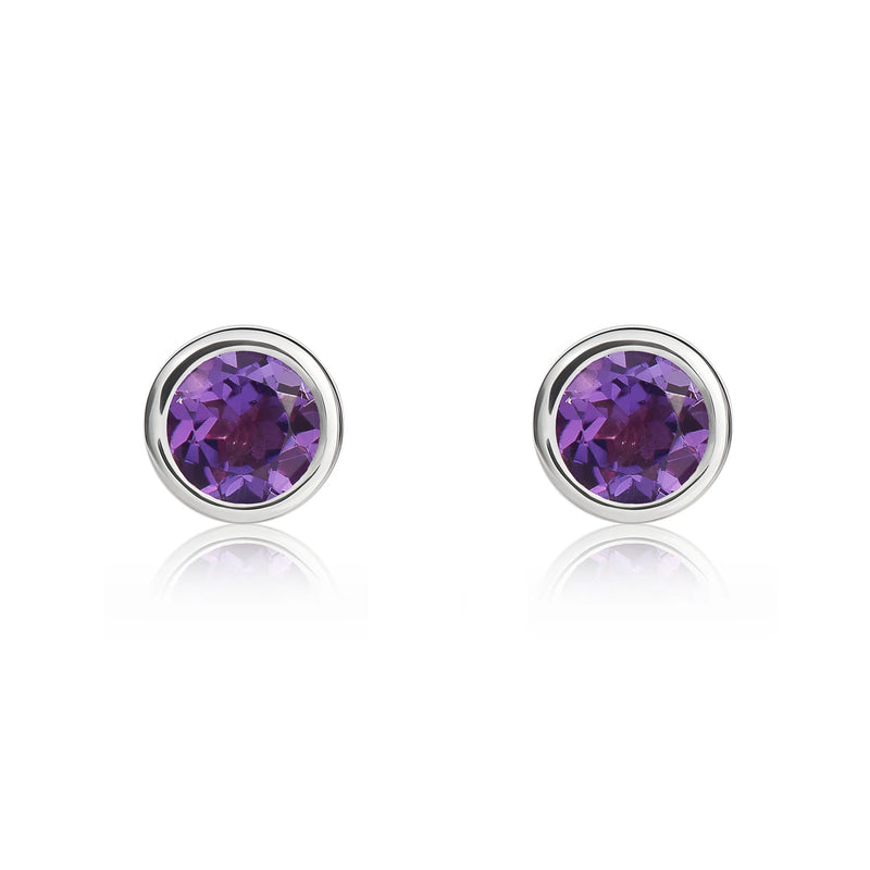 9ct White Gold Amethyst 4mm Round Rubover Stud Earrings