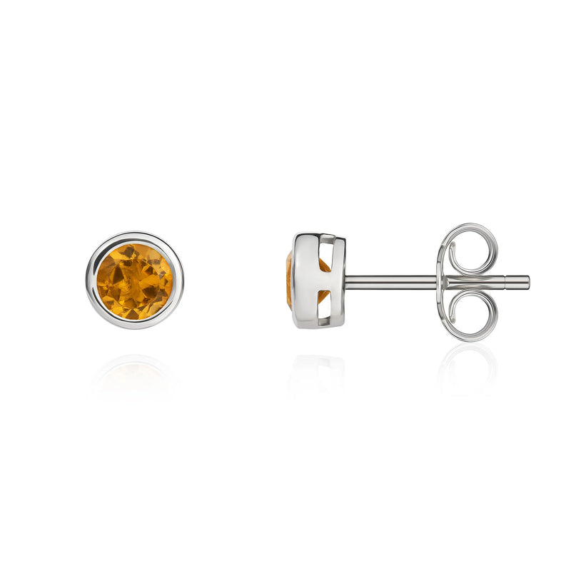 9ct White Gold Citrine 4mm Round Rubover Stud Earrings