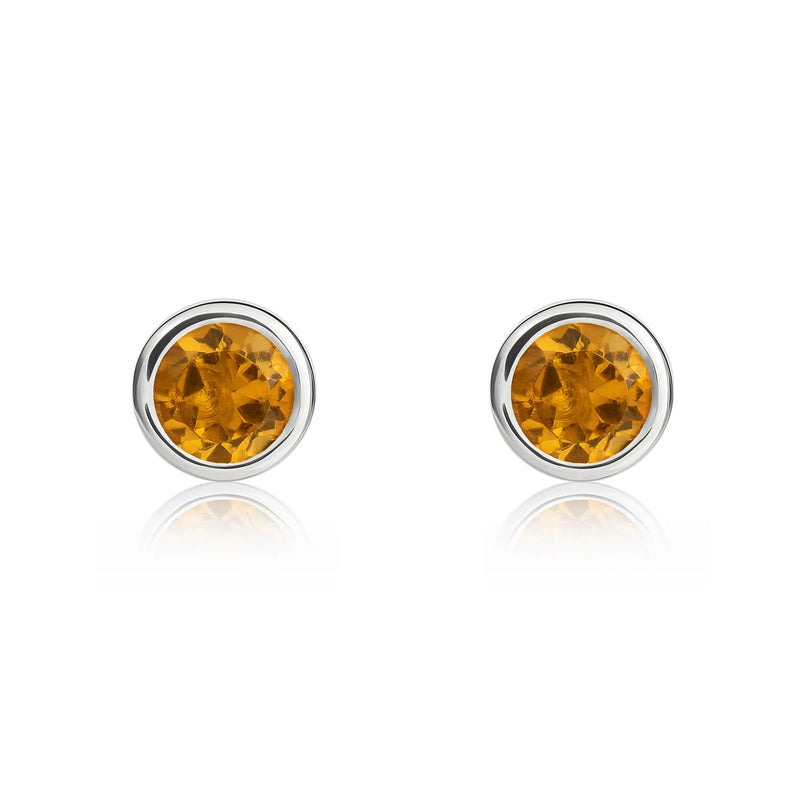 9ct White Gold Citrine 4mm Round Rubover Stud Earrings