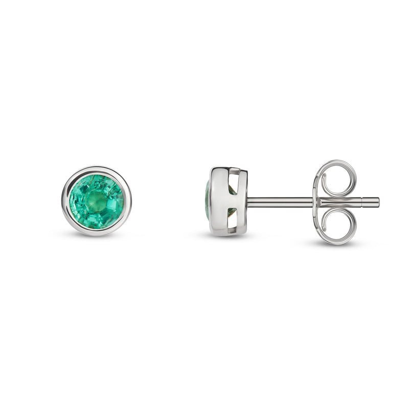 9ct White Gold Emerald 4mm Round Rubover Stud Earrings
