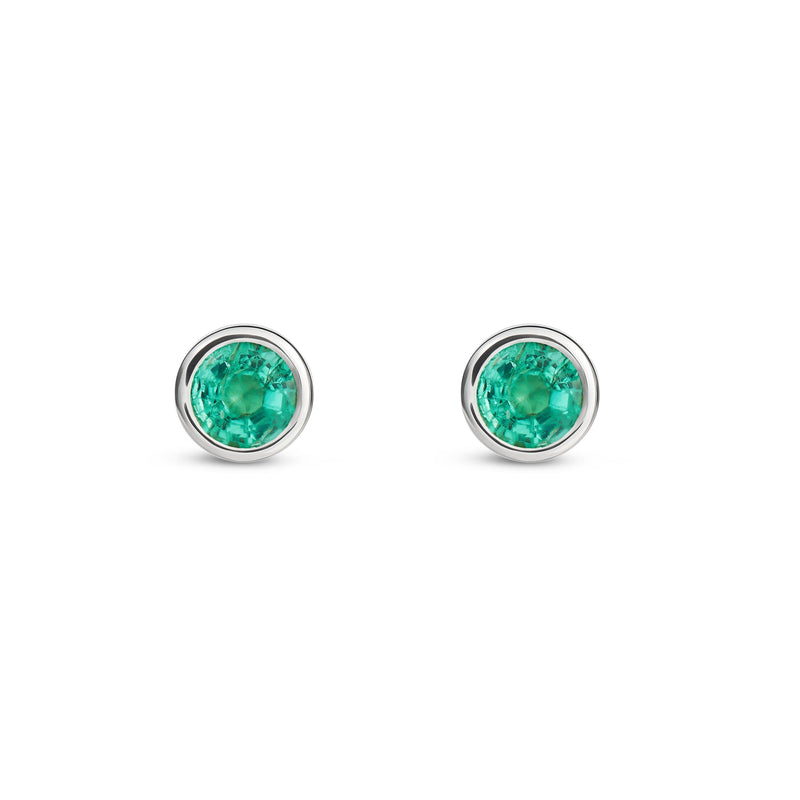9ct White Gold Emerald 4mm Round Rubover Stud Earrings