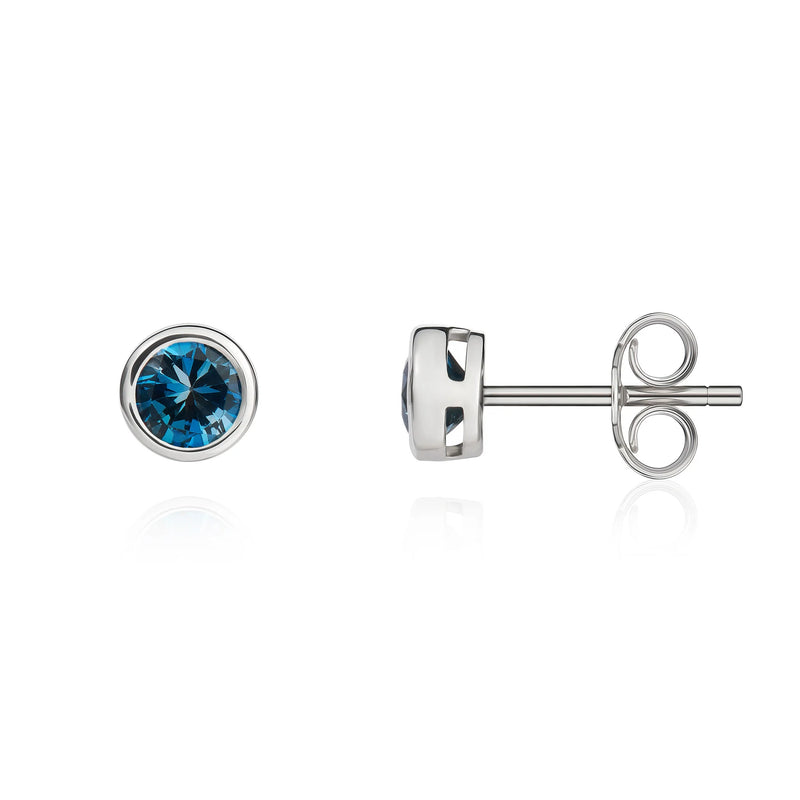 9ct White Gold London Blue Topaz 4mm Round Rubover Stud Earrings