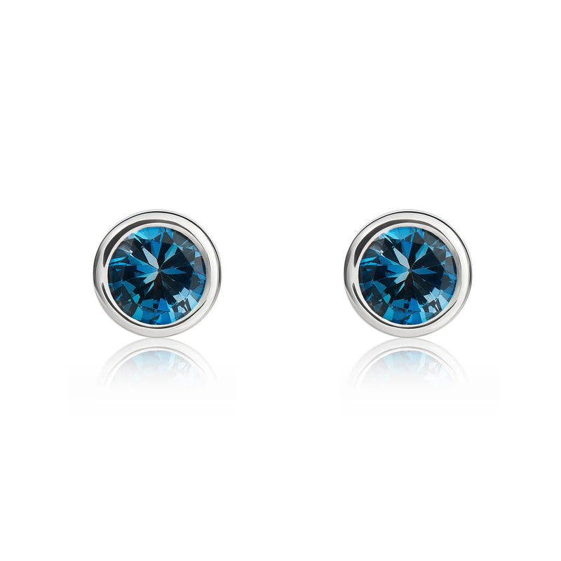 9ct White Gold London Blue Topaz 4mm Round Rubover Stud Earrings