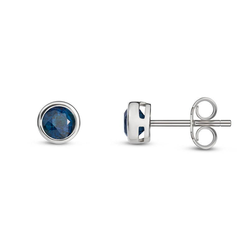 9ct White Gold Sapphire 4mm Round Rubover Stud Earrings