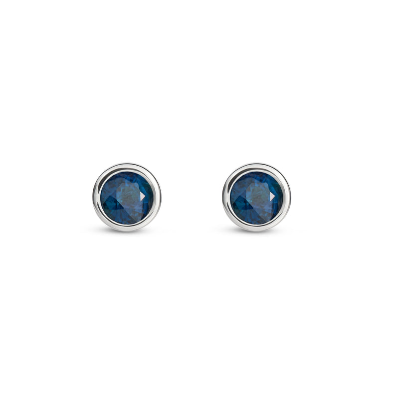 9ct White Gold Sapphire 4mm Round Rubover Stud Earrings