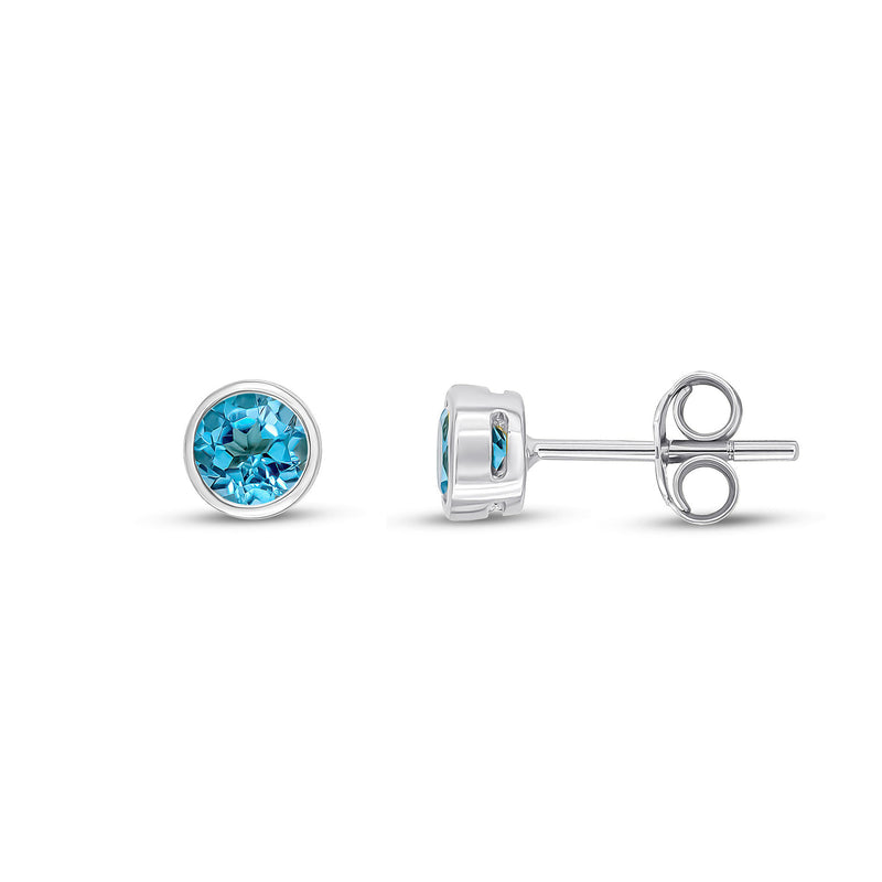 9ct White Gold Swiss Blue Topaz 4mm Round Rubover Stud Earrings